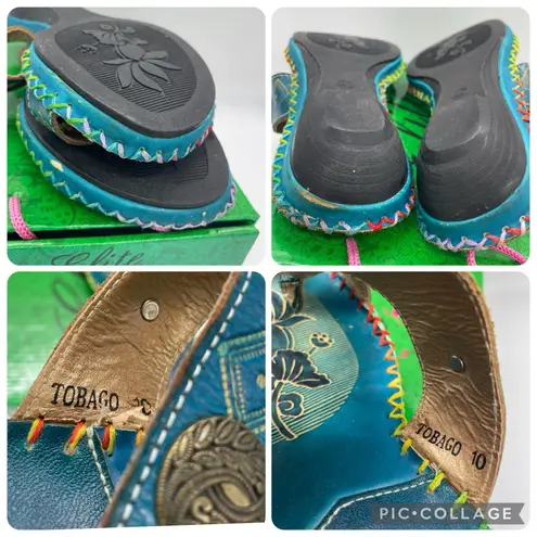 Elite By Corkys Womens 10 Sandal Tobago Teal Floral Tropical Brass Accents Slide Blue