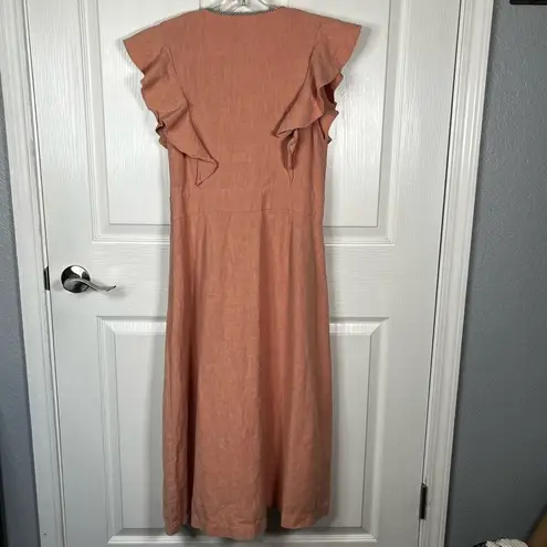 Saylor Sue Linen Dress Dusty Coral Sz L Ruffle Sleeve Button Skirt Revolve