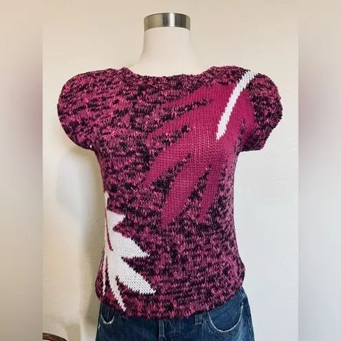 Vintage 80s Palm Leaf Knit Sweater Top Magenta Black Indie Sleaze small Pink