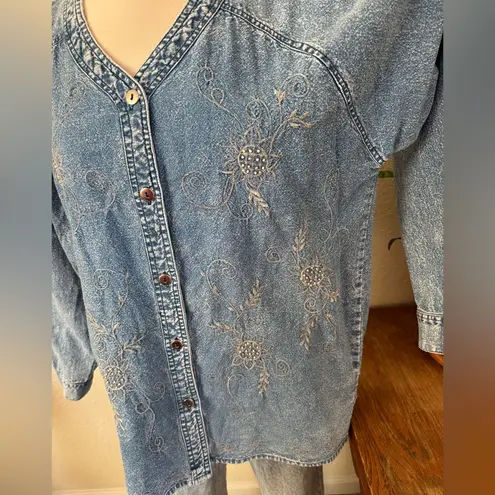 Vintage 90s Denim Embroidered Floral Beaded Boho Shirt long sleeve large Blue