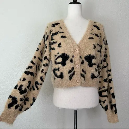 Lulu's Fierce Heart Beige Leopard Print Eyelash Knit Cropped Cardigan Tan