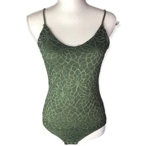 Foschini All Women Olive Green Floral Lace Front Strappy Bodysuit Size 10