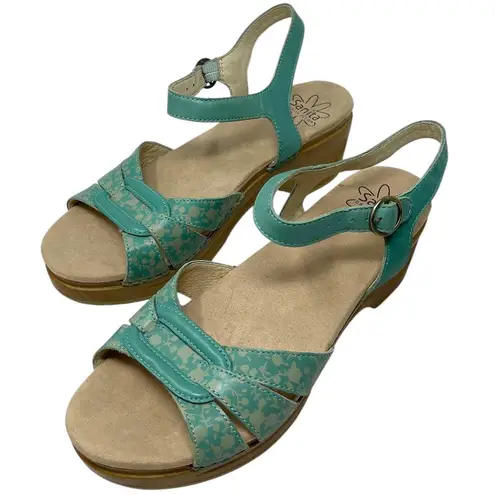 Sanita “Destiny” Women’s Size EU 40/US 9 Teal & Tan Floral Buckle Sandals Heels Multiple