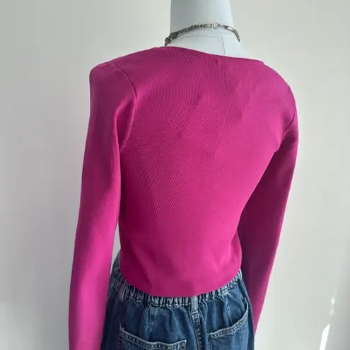 Happily Grey Fuchsia pink Long Sleeve Scoop Neck Fitted Stretchy Top Size Large