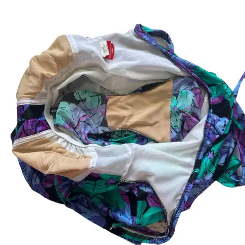 Maxine of Hollywood Vintage 90s Black Neon Floral Neon One Piece Skirt Swimsuit