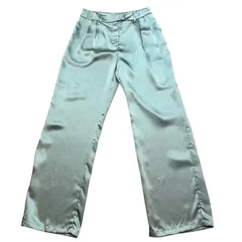LPA Pale Blue Pleated Trouser Pants LARGE Wide Leg Baggy Satin Long $218 NEW