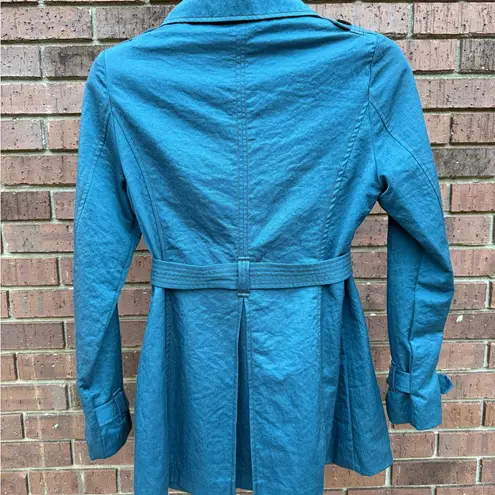 Ambition Double Breasted Trench Coat Teal Belt Women Size Small Chic Lightweight Blue
