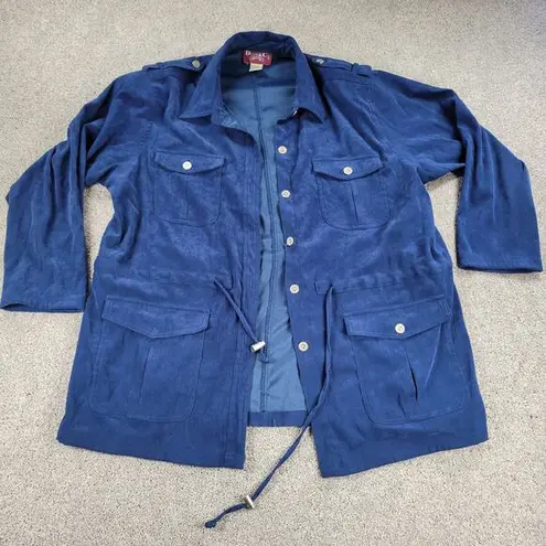 Denim & Co  Womens Jacket 1X Blue Faux Suede Button Up Collar Drawstring Pockets