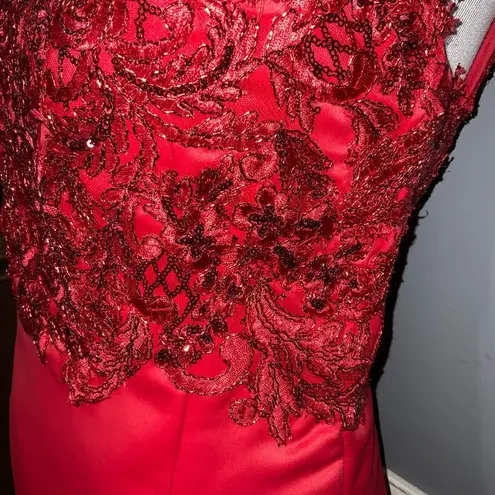 Handmade Red Mermaid Sleeveless Floral Lace Embroidered Beaded Fitted Formal Prom XS