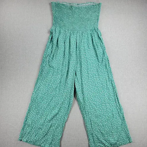 Angashion Womens Jumpsuit Large Green Polka Ruffles Strapless Smocked Wide Leg