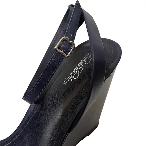 Brooks Brothers Leather Ankle-Strap Open-Toe Wedges Navy Blue Size 8.5