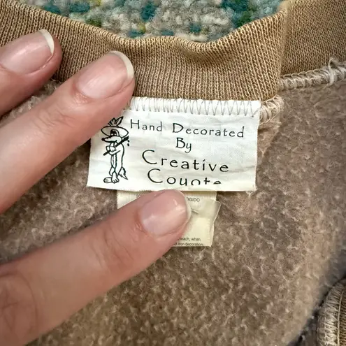 Vintage 90s Creative Coyote denim beaded appliqué button sweatshirt, size large Tan