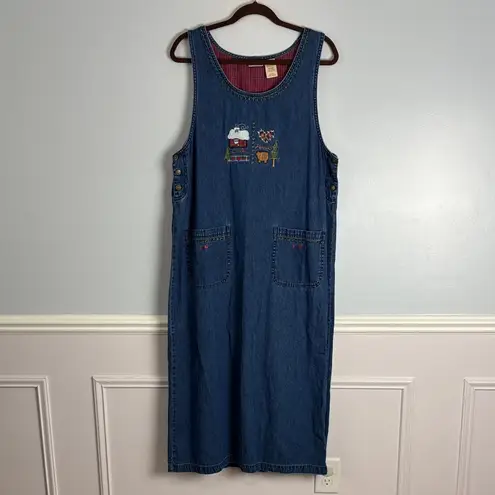 Bobbie Brooks Blue Denim Jumper Dress Embroidery Plaid Gingham Sz L Grandmacore Size L