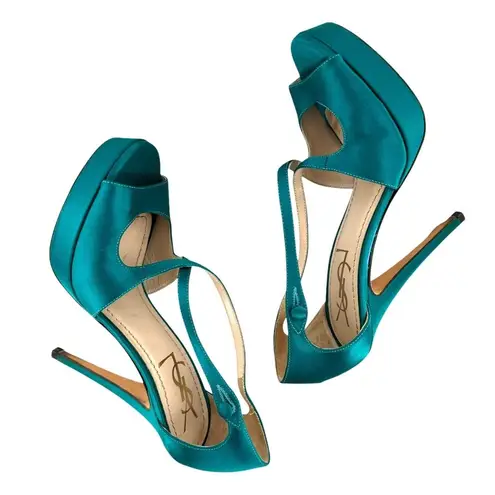 Saint Laurent Paris Turquoise Satin Tribute Cross Strap Platform Sandals Size 35