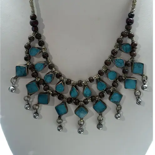 Ethnic Exotic Goddess Turquoise Dangle Vintage Necklace Blue