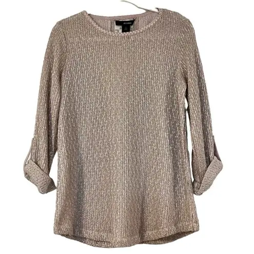 NWT Ali Miles Sparkle Blush 3/4 Sleeve Embroidered Sweater Sheer Back Small Pink