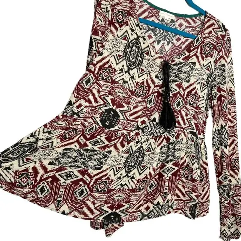 Coco + Jaimeson Boho Tassel Tie Neck Flare Sleeve Blouse