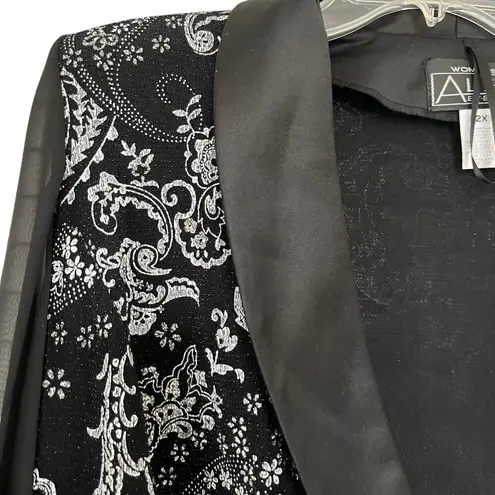 Alex Evenings Black Paisley Print Satin Shawl Collar Chiffon Long Sleeve Jacket