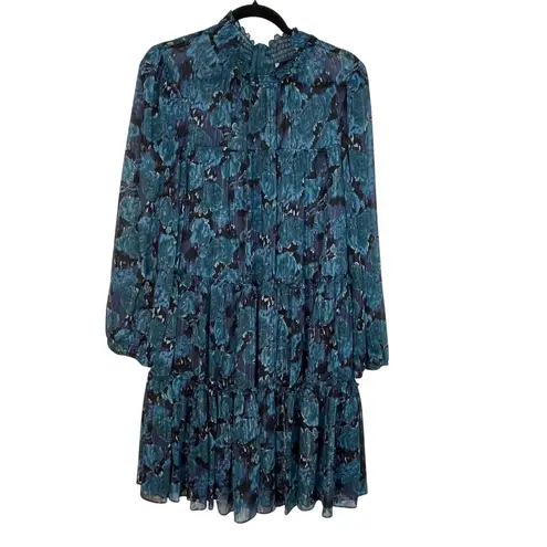Maison Tara Women's Blue Floral Print Ruffle Tiered Mock Neck Mini Dress Size 16