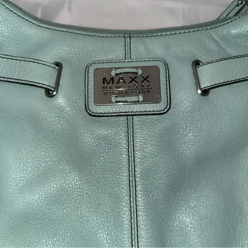 Maxx New York Signature Light Blue Leather Floral Interior Shoulder Bag