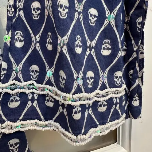 Letarte Skull Tunic Coverup Dress Navy Blue Sequin Bead 3/4 Sleeve Blouse Size S White