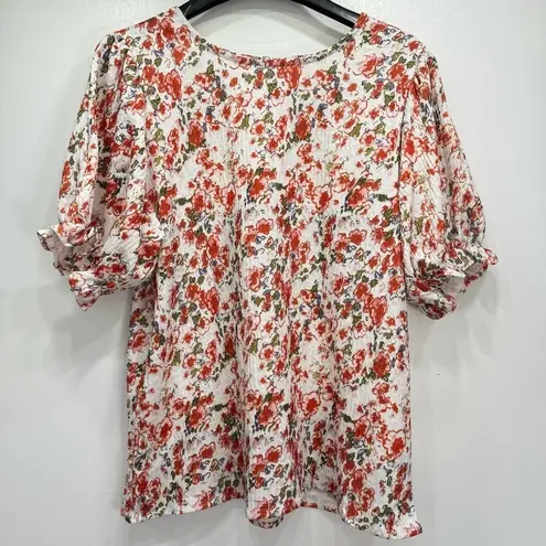 Floral Flounce Ruffle Short Sleeve Gauzy Orange Green Purple Top Size Small