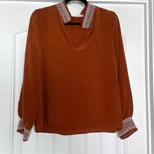 Marie Oliver Large Rust Burnt Orange Silk Blouse Peasant Top Embroidered Boho - Image 7