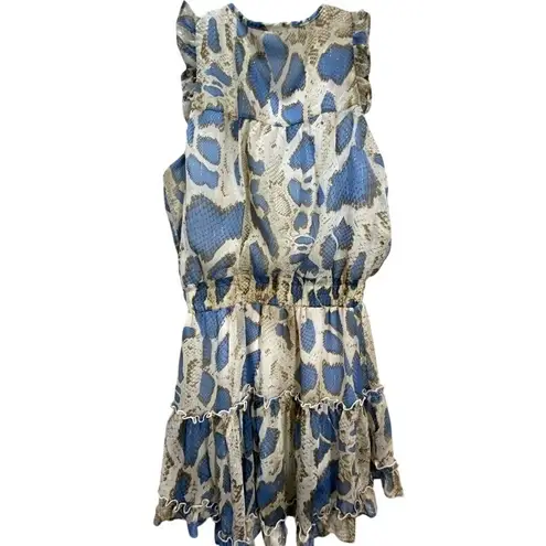 Adrienne Sleeveless Blue White Mini Dress Snake Print Ruffle Trim Tiered M
