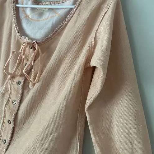 We The Free  People Pink Cecelia Coquette Henley Bow Long Sleeve Top Size Large