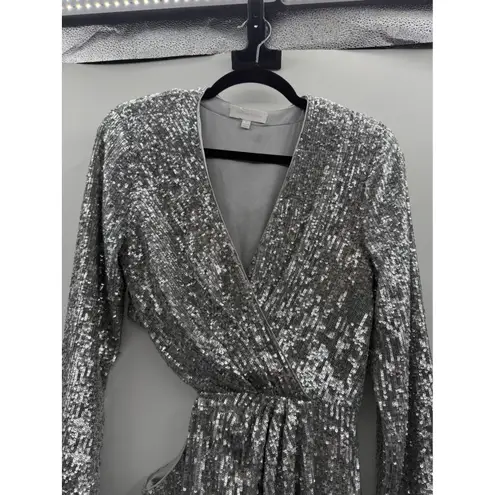 Jonathan Simkhai Conrad Sequin Mini Dress Size 8 Silver Long Sleeve Party Glam