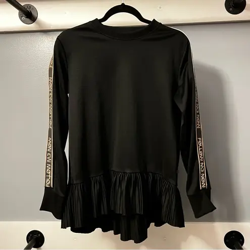 RED Valentino Black Pleated Peplum Sweatshirt Logo Tape Sleeves Designer Top S