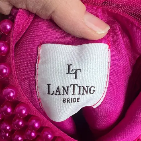 LT Lan Ting NWT Hot Pink Pearl Collar Aline Chiffon Overlay Midi Dress Sz SM