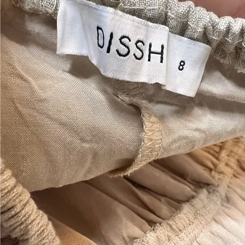 Dissh Claudia Midi Dress Puff Sleeves Backless Natural Linen Beige Size 8 Tan