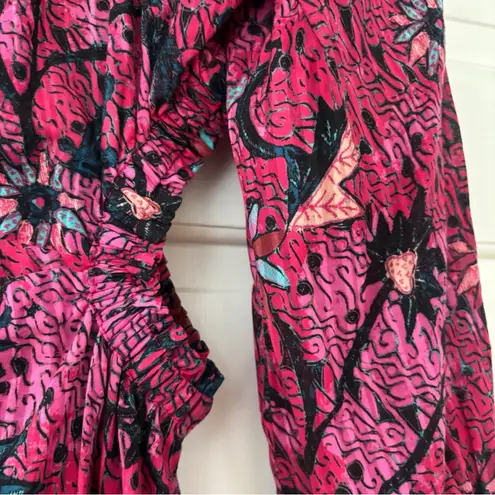 Ulla Johnson Helia Ruched Print Cotton Midi Dress Pink Snapdragon Size 2 Cut Out