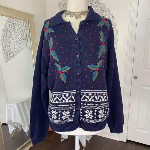 Dressbarn Classic Americana Navy Blue Red Christmas Chunky Cardigan Sweater L Size L