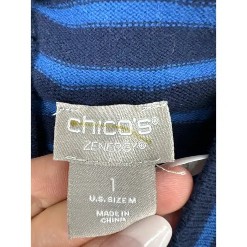 Chico's  Zenergy Womens Sweater Sz 1 M Navy Blue Striped Mock Neck Slvless Beachy