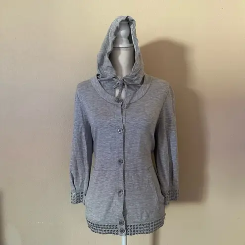 St. John Gray Cardigan Button Up Sz M Sequin Hooded Jacket Embellished Trim