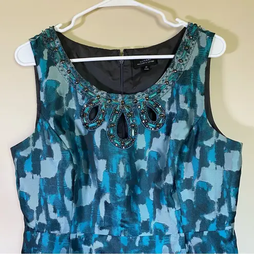 Tahari  ARTHUR S LEVINE Size 12 Teal Jewels Neckline Metallic‎ Jacquard Dress