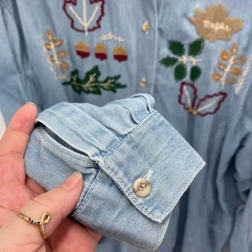 Vintage Blue Women's Button Up Shirt Embroidered Maple Acorn Oak Oversized  XL