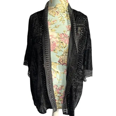 Nostalgia Black Velvet Burnout Lace Trim Kimono Cardigan Duster sz M Whimsigoth Size M