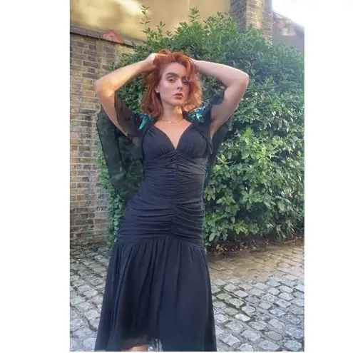 Casadei 1980s Black Ruched Turquoise Sequined Gatsby Deco Flapper Dress Cape 12