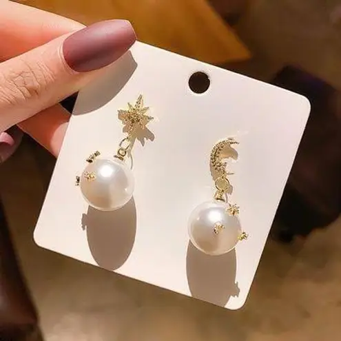 Moon and Stars Pearl Dangle Drop Earrings for Women Gold
