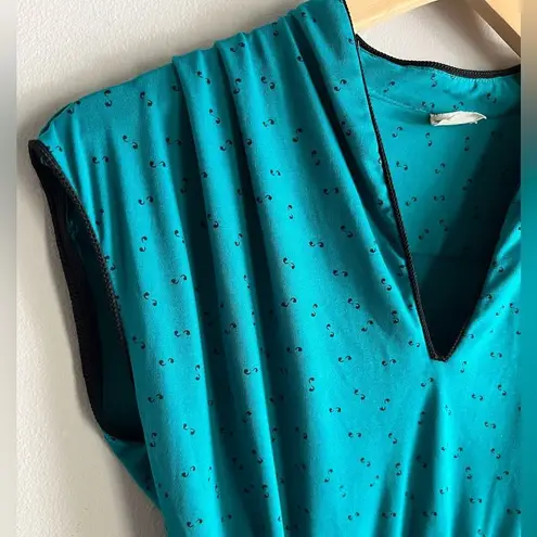 Vintage 70s 80s Teal Comma Print Dress w/ Double Rope Tie Belt quirky unique Blue