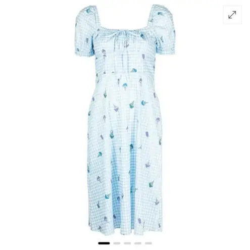 HVN Blue Holland Bow Tie Cotton Gingham Midi Dress sz 2 Blue