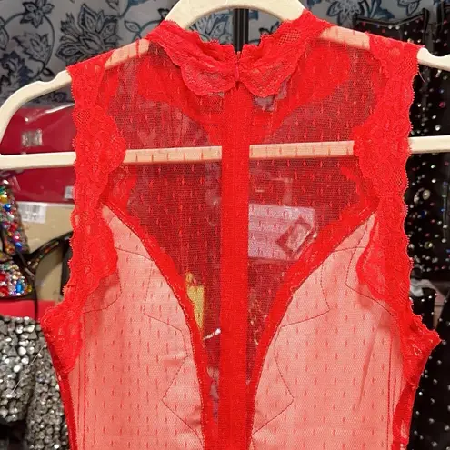 Bright red sexy mesh back with lace sleeveless dress