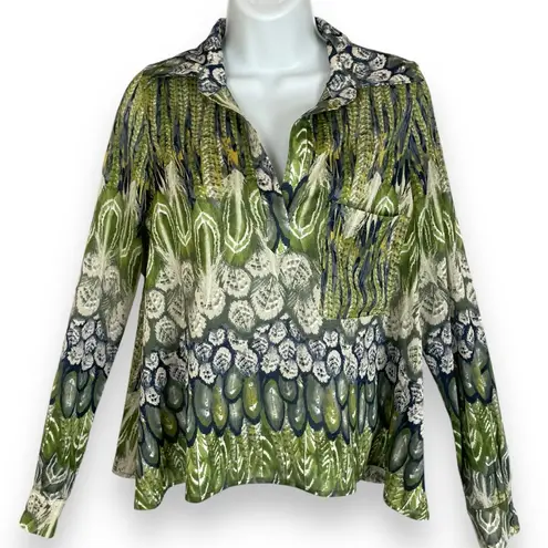 Olivia Moon Top Feather Pattern Women Size Petite XS Green Gray Blouse Shirt