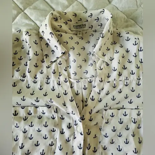 EXPRESS  Portofino Shirt Top Size S White Blue Anchor Long Roll Tab Sleeve Career