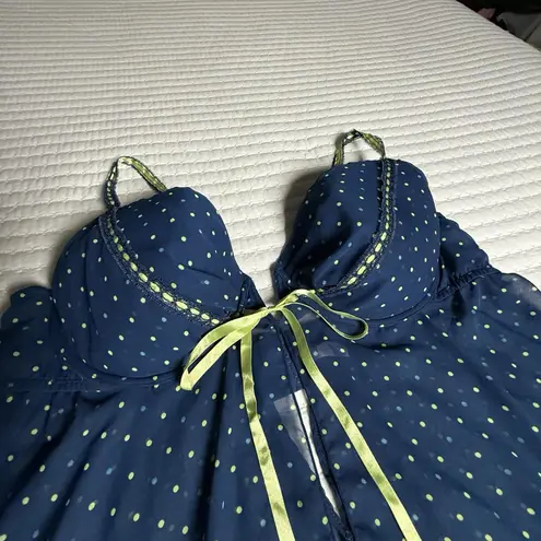 Cacique Babydoll Chemise Lingerie Blue Polka Dots Lined 26 / 28 Lined Underwire