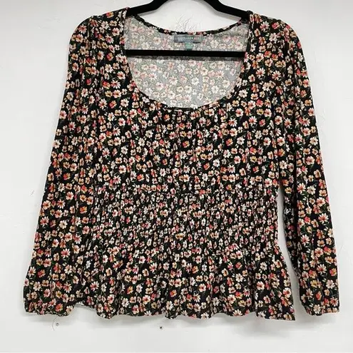 Good Luck Gem Black & Cream Ditsy Floral Boho Smocked Blouse M Ruffled Romantic