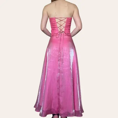90s/y2k two piece vintage barbie pink shimmery chiffon prom dress